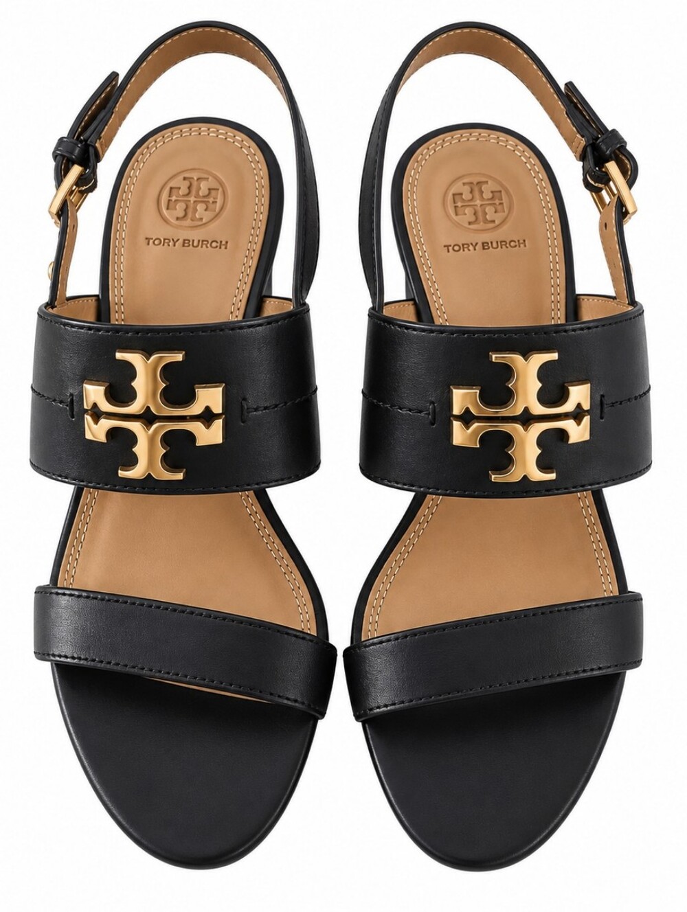Tory Burch Black Leather Gold Logo Block Heel Sandals
